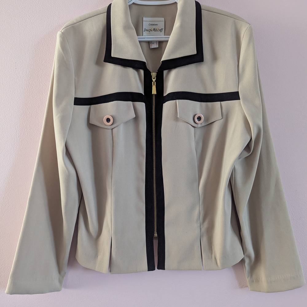 Joseph Ribkoff Cream and Black Blazer Tailored Zip-Front